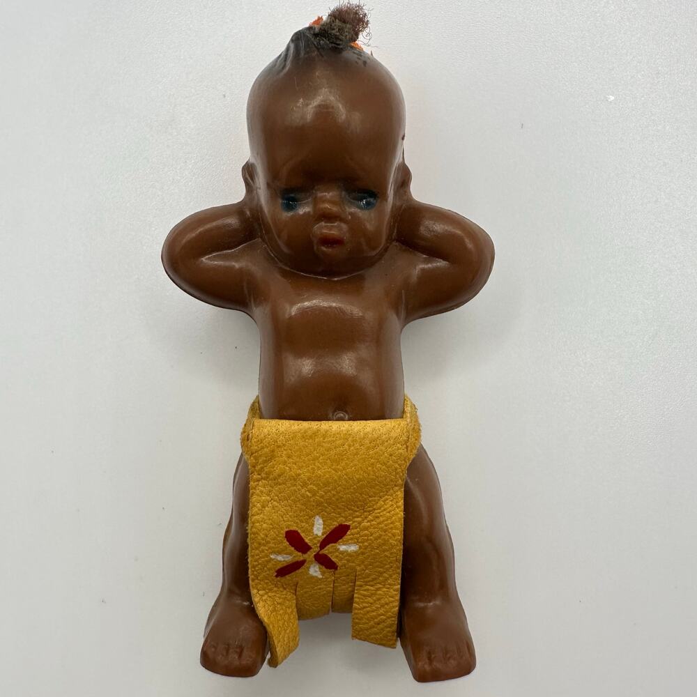 1940s vintage plastic Native American kewpie doll-style suede figural brooch
